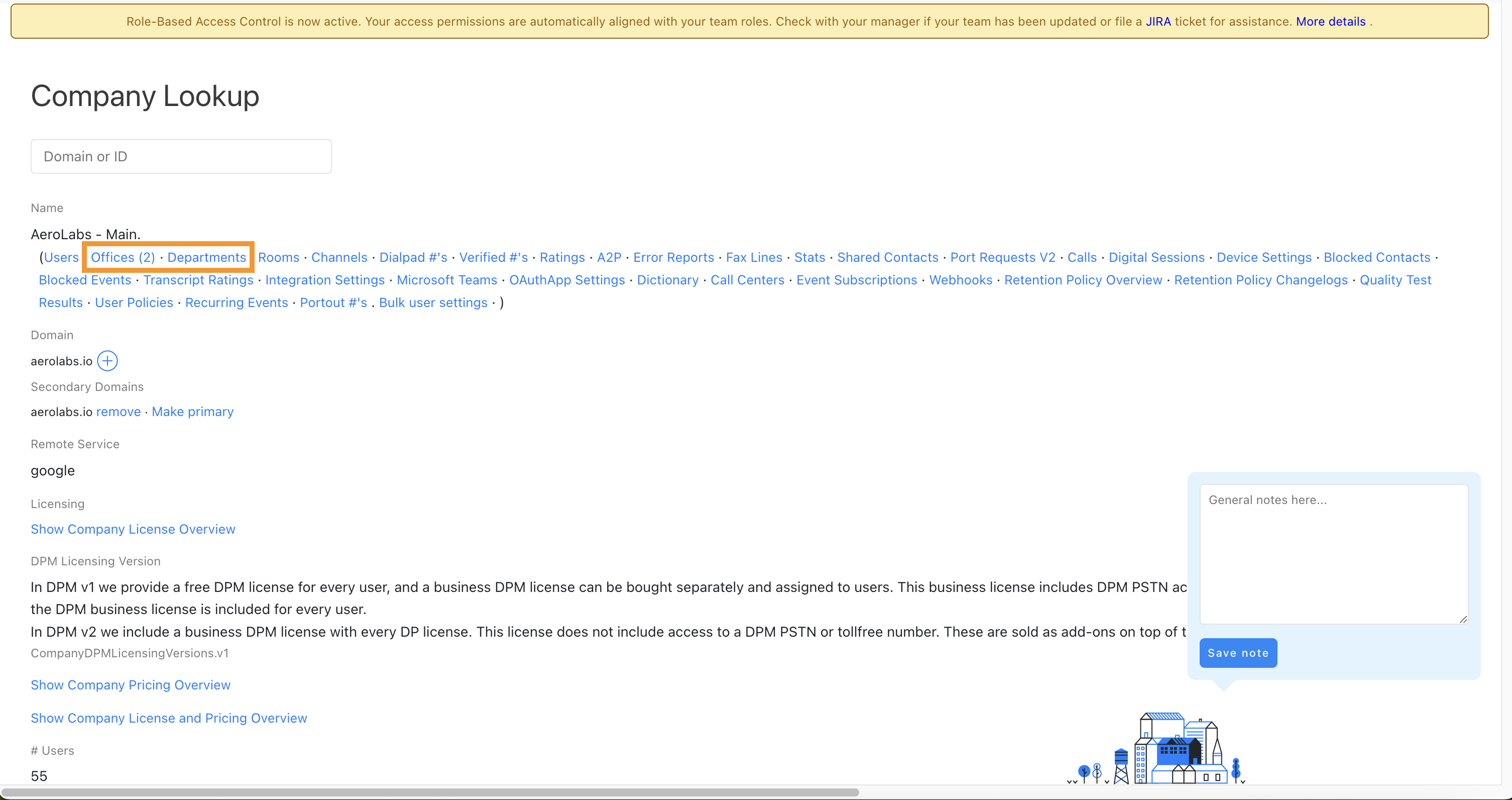 Company lookup interface displaying user roles, domains, and licensing information for AeroLabs.